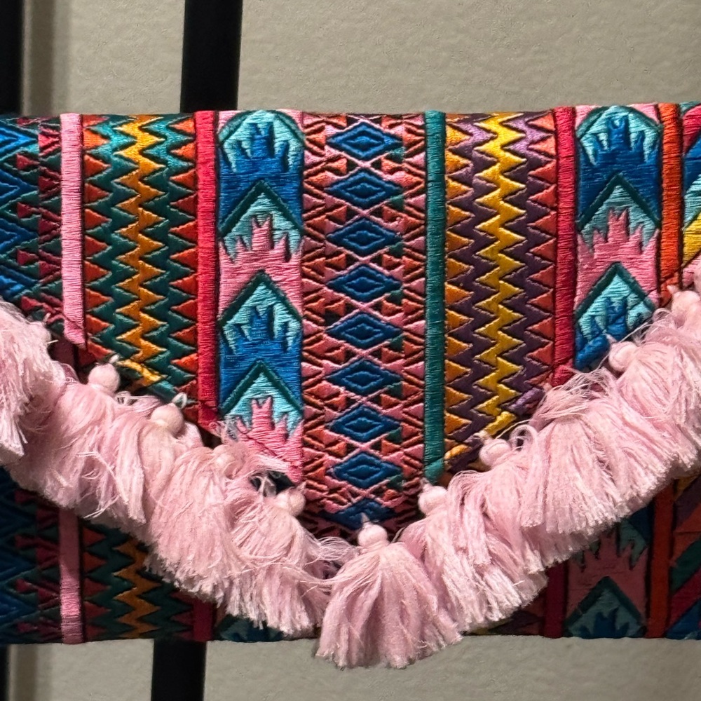 Colorful Patterned Clutch with Pink Tassels